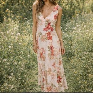 Elegant Floral Maxi Dress in Red and Pink